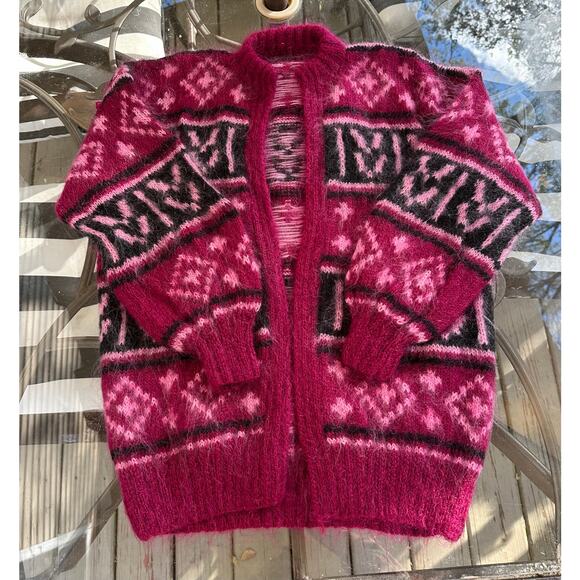 Vintage mohair-blend cardigan Fair Isle magenta black open front hand knitted - Picture 1 of 11